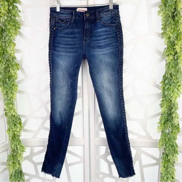 DRIFTWOOD Jackie Braided Side Blue Denim Skinny Raw Hem Crop Stretch Ankle Jeans - Picture 1 of 8